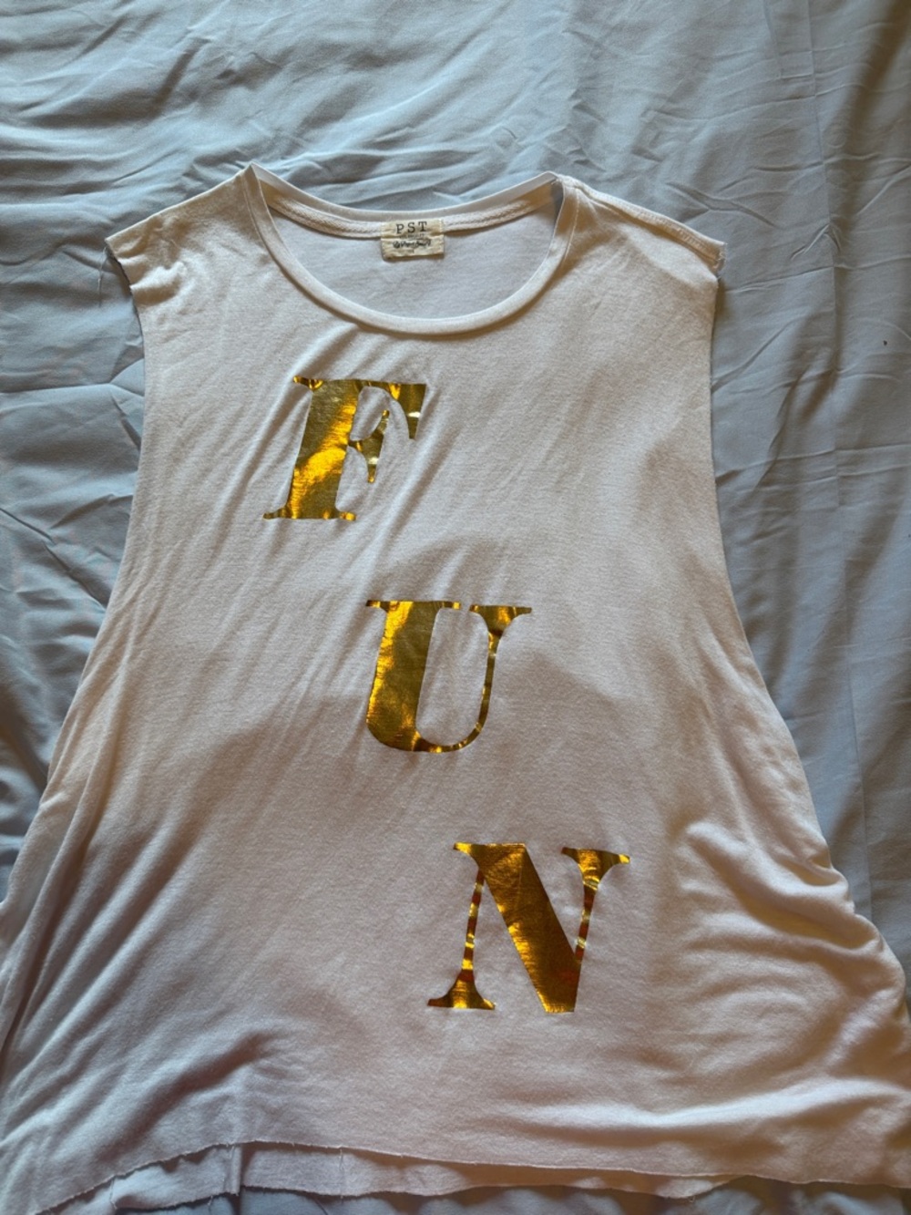 White Sleeveless Tank Top with Gold 'FUN' Foil Letters - Women's